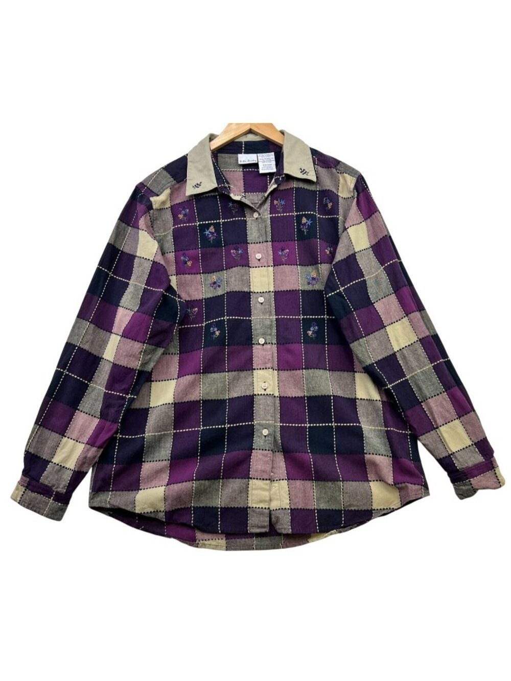 Vintage Bobbie Brooks Women's Button-Up Embroidered Shirt Size XL Purple Plaid
